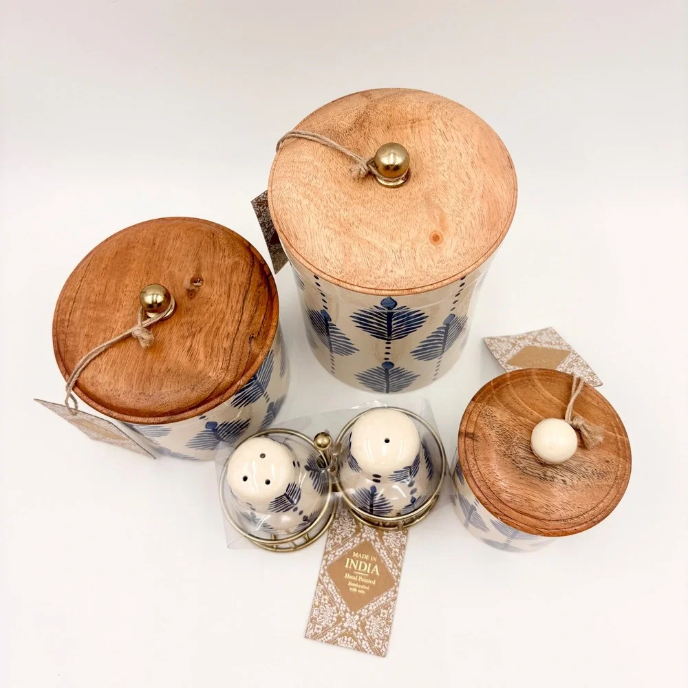 Made in India Blue Floral Leaf Hand Painted Ceramic Canister Set Salt Pepper 5pc